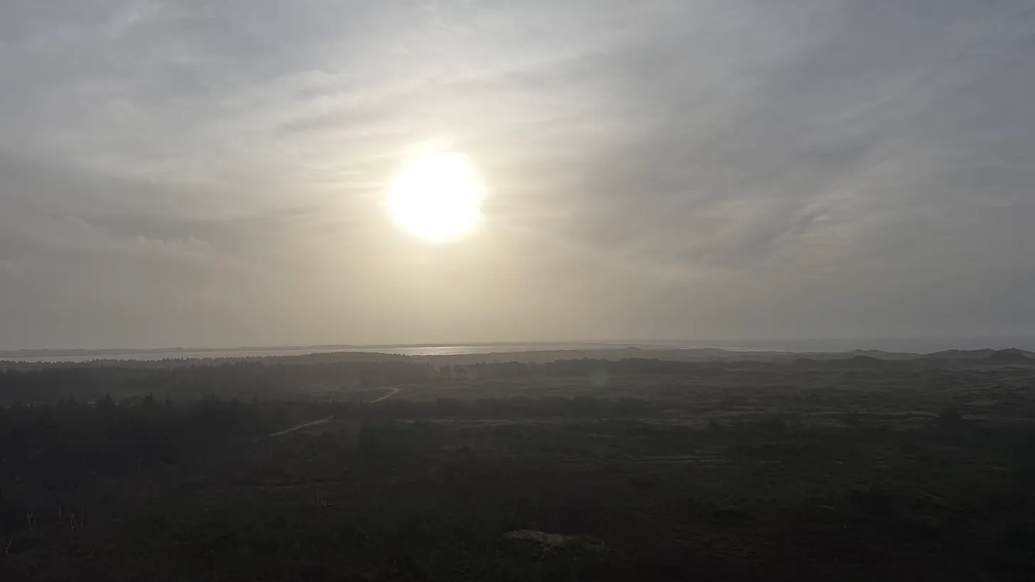 Low heathland under a hazy sun, the sea just visible at the horizon.