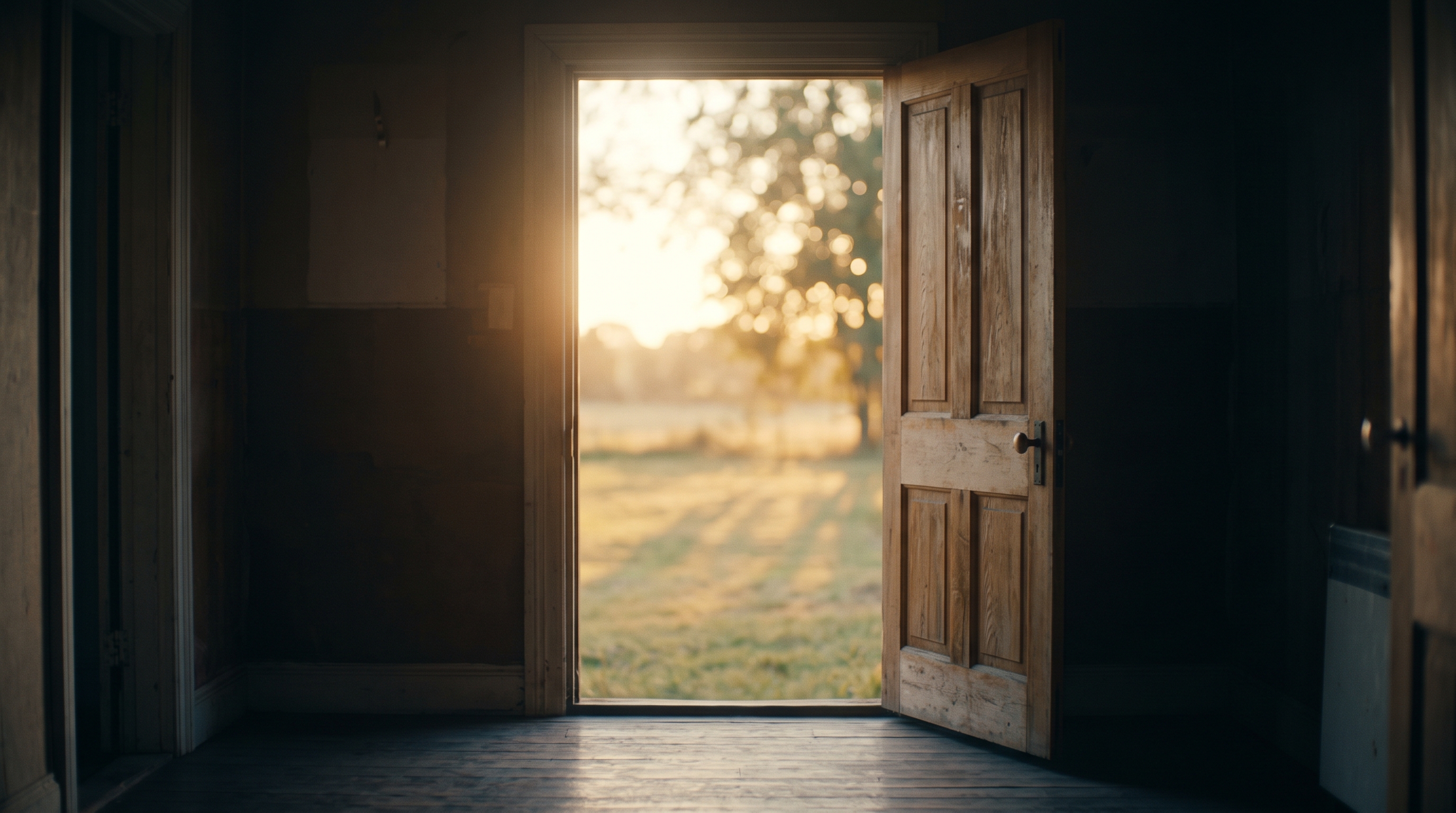 An open door in a bare room looking out onto a field at first light.